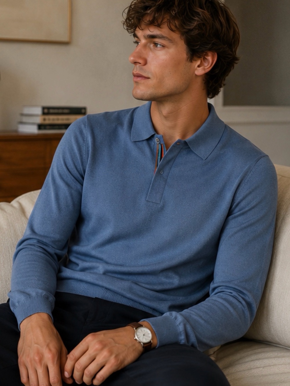 Paul Smith Men’s 100% Merino Wool Long Sleeve Polo Sweater Blue Size S